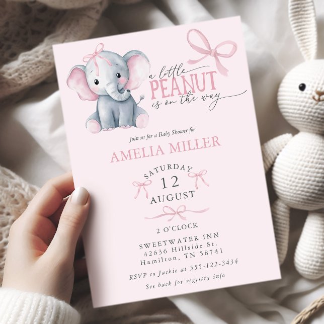 Watercolor Elephant Pink Bow Baby Girl Shower Invitation (Watercolor Elephant Pink Bow Baby Girl Shower Invitation)