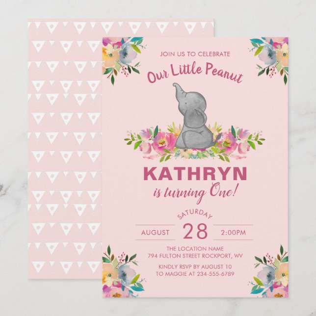 Watercolor Elephant Pink Floral Girl 1st Birthday Invitation (Front/Back)