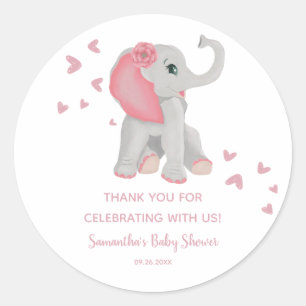  Watercolor Elephant Pink Girl Baby Shower Favour Classic Round Sticker
