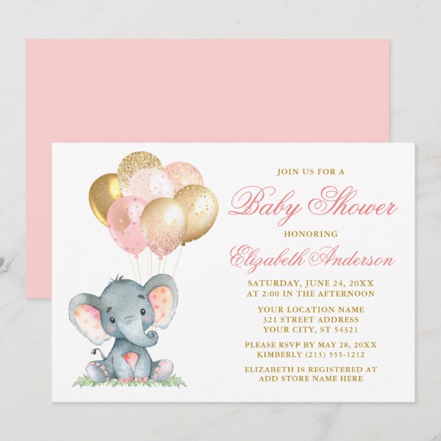 Watercolor Elephant Pink Gold Balloons Baby Shower Invitation (Front/Back)