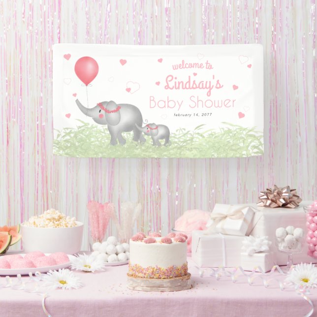 Watercolor Elephant Pink Heart Baby Shower Welcome Banner (Party)