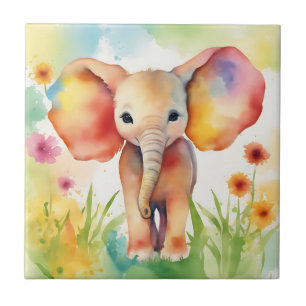 Watercolor Elephant Serene Colorful Tile