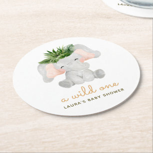 Watercolor Elephant Tropical Leaves Baby Shower Round Paper Coaster