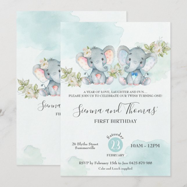 Watercolor Elephant Twins Boy Girl Birthday Party Invitation (Front/Back)