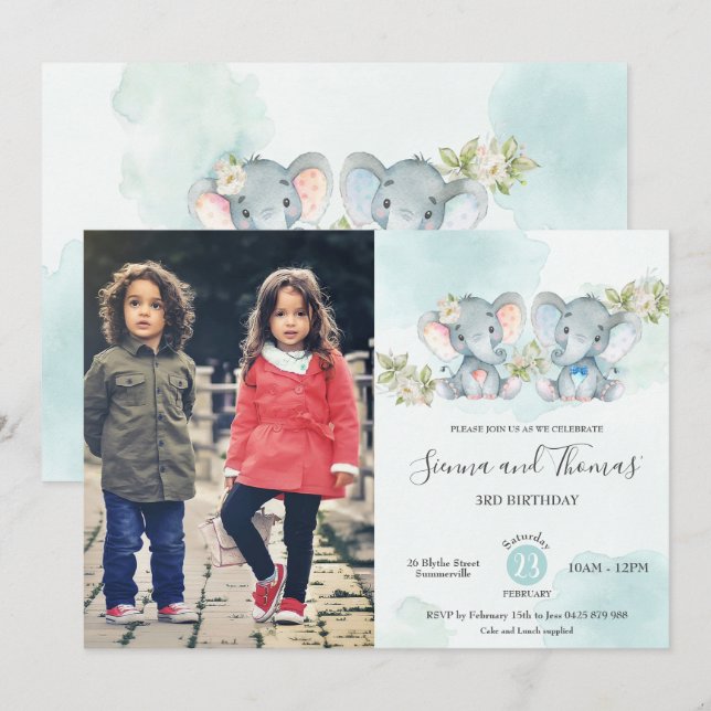 Watercolor Elephant Twins Boy Girl Birthday Photo Invitation (Front/Back)