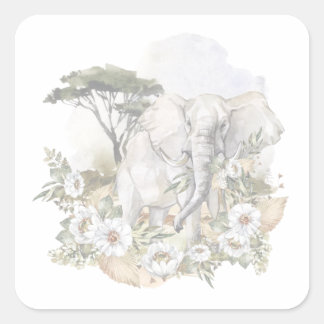 Watercolor Elephant & White Flowers Sticker