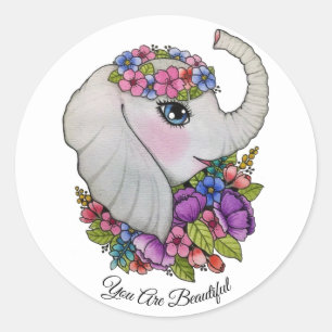Watercolor Elephant With Wild Flowers Classic Round Sticker