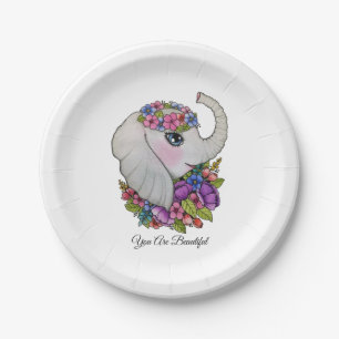 Watercolor Elephant With Wild Flowers Paper Plate