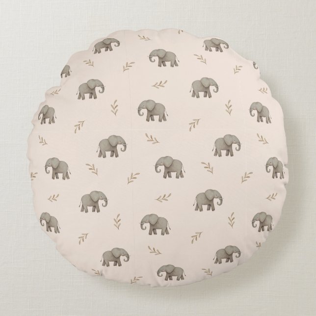  Watercolor Elephants Blush Pink Nursery Pattern Round Cushion (Front)