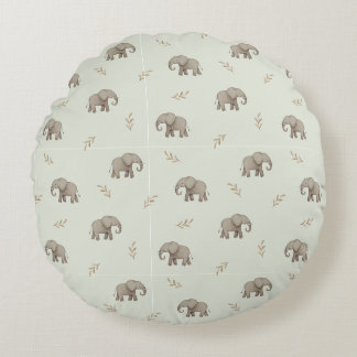 Watercolor Elephants Dusty Green Nursery Pattern Round Cushion