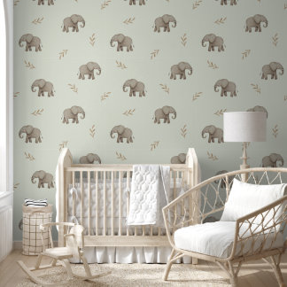 Watercolor Elephants Dusty Green Nursery Pattern Wallpaper