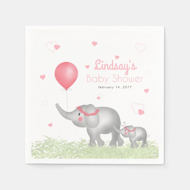 Watercolor Elephants & Pink Heart Baby Girl Shower Napkin (Front)