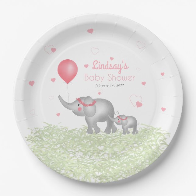 Watercolor Elephants & Pink Heart Baby Girl Shower Paper Plate (Front)