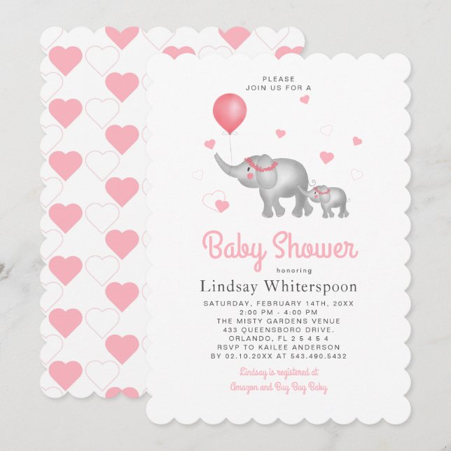 Watercolor Elephants & Pink Heart Girl Baby Shower Invitation (Front/Back)