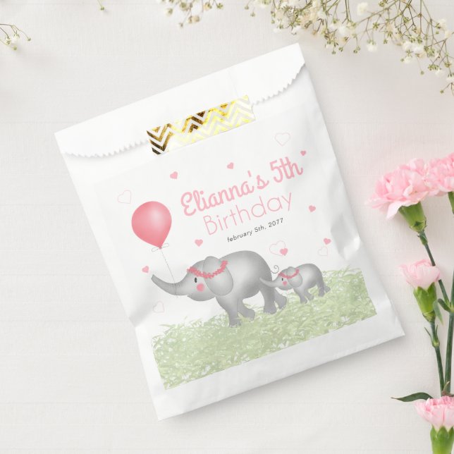 Watercolor Elephants Pink Hearts Birthday Girl Favour Bags (Sealed)
