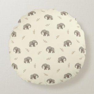 Watercolor Elephants Yellow  Nursery Pattern Round Cushion