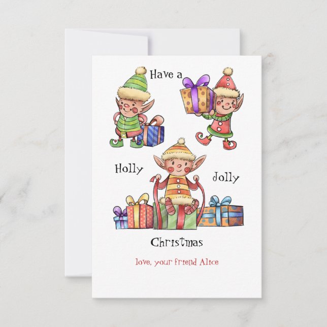 Watercolor Elves Christmas Card (Front)