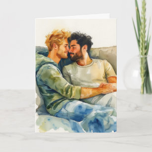 Watercolor Embrace On Blue Couch Card