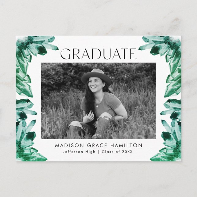 Watercolor Emerald Crystal Photo Graduation Party Invitation Postcard (Front)