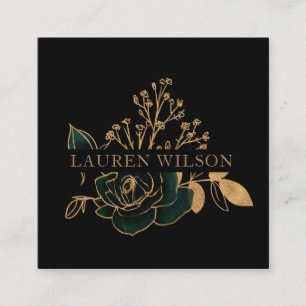 Watercolor Emerald Gold Floral QR code Square Business Card