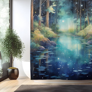Watercolor Enchanted Forest Lake Shower Curtain