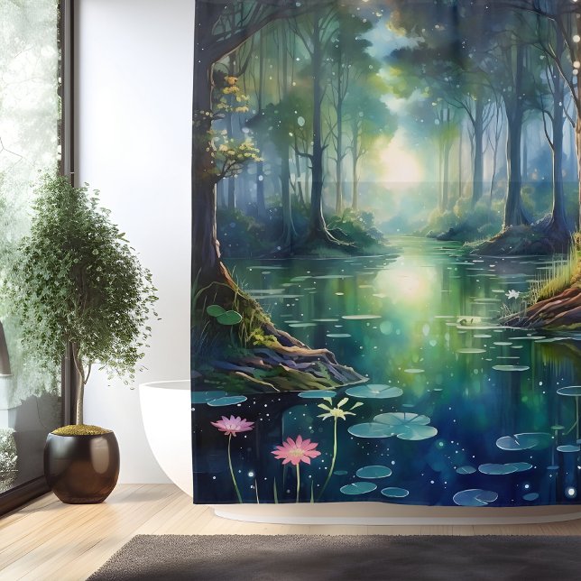 Watercolor Enchanted Forest Lake Shower Curtain (Creator Uploaded)