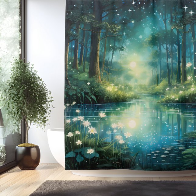 Watercolor Enchanted Forest Lake Shower Curtain (Creator Uploaded)