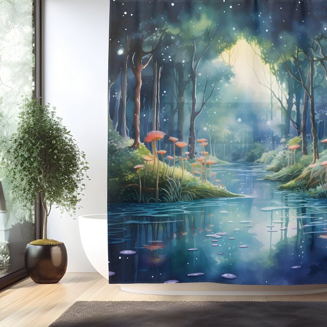 Watercolor Enchanted Forest Lake Shower Curtain (Creator Uploaded)