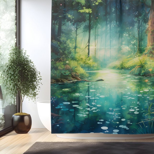 Watercolor Enchanted Forest Lake Shower Curtain (Creator Uploaded)