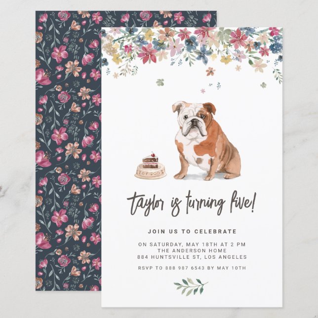 Watercolor English Bulldog Birthday Invitation (Front/Back)