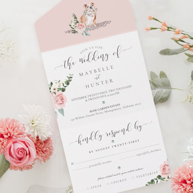 Watercolor English Bulldog Dog & Floral Pink Rose All In One Invitation (Watercolor English Bulldog Dog & Floral Pink Rose All In One Invitation)