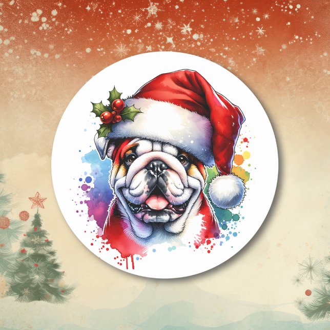 Watercolor English Bulldog in Santa Hat Classic Round Sticker (Creator Uploaded)