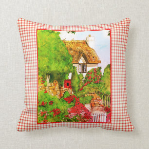 Watercolor English Cottage Red White Checks Cushion