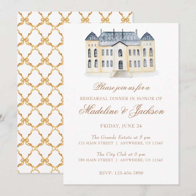Watercolor English Manor Estate Rehearsal Dinner Invitation (Front/Back)