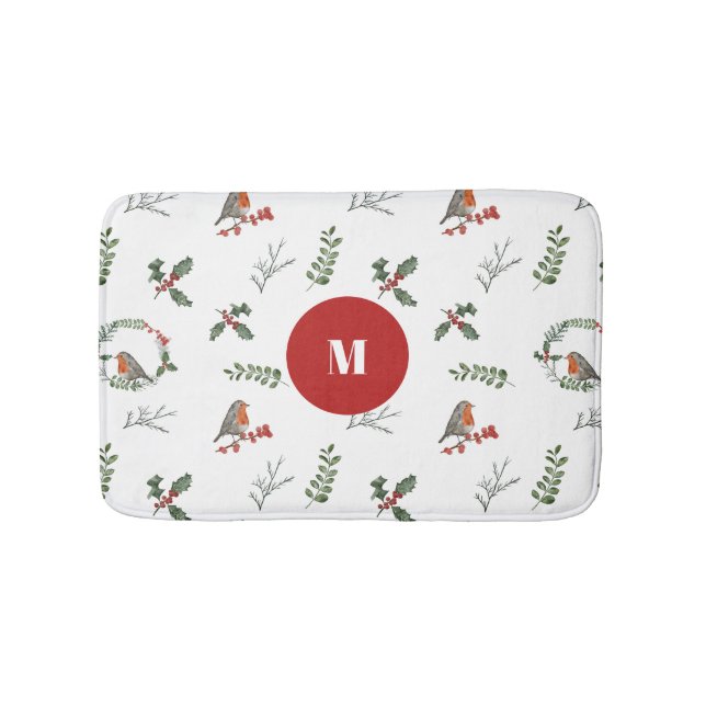 Watercolor English Robin Christmas Holiday Bath Mat (Front)