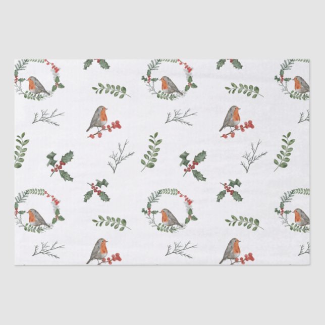 Watercolor English Robin Christmas Holiday Gift Tissue Paper (Front)
