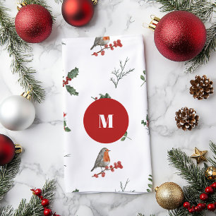 Watercolor English Robin Christmas Holiday  Tea Towel