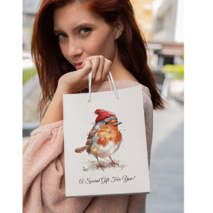 Watercolor English Robin Cosy Christmas Holiday Medium Gift Bag