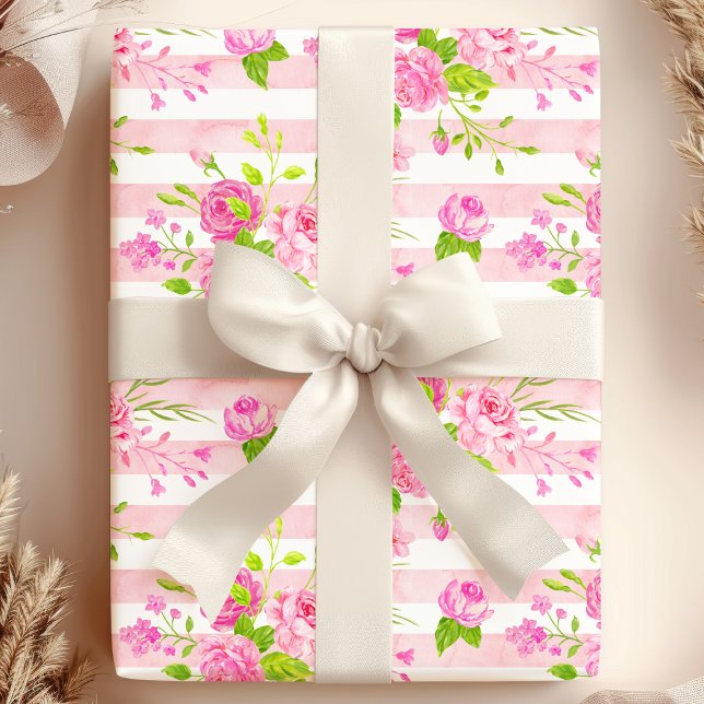 Watercolor English Roses Pink White Stripes Wrapping Paper (Creator Uploaded)