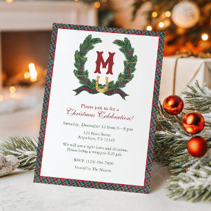 Watercolor Equestrian Christmas Monogram Wreath Invitation