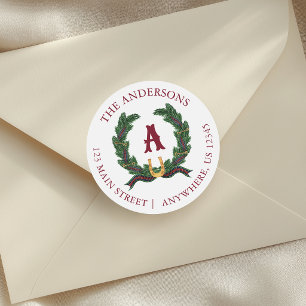 Watercolor Equestrian Laurel Wreath Monogram Classic Round Sticker