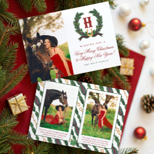 Watercolor Equestrian Laurel Wreath Monogram Photo Holiday Card