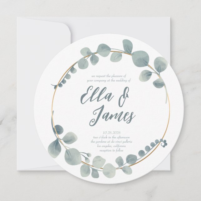 Watercolor Eucalptus Wreath Wedding Invitation (Front)