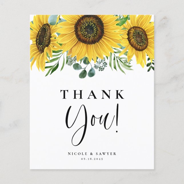 Watercolor Eucalyptu and Sunflower Thank You Card (Front)