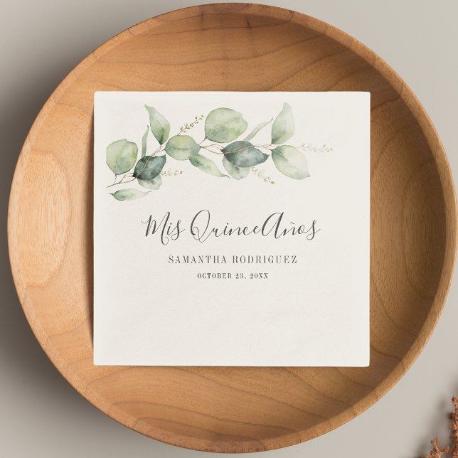 Watercolor Eucalyptus 15th Birthday Quinceanera Napkin (Watercolor Eucalyptus 15th Birthday Quinceanera Paper Napkins)