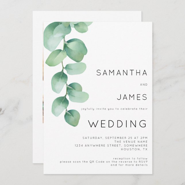 Watercolor Eucalyptus 3 Photos QR Code Wedding Invitation (Front/Back)