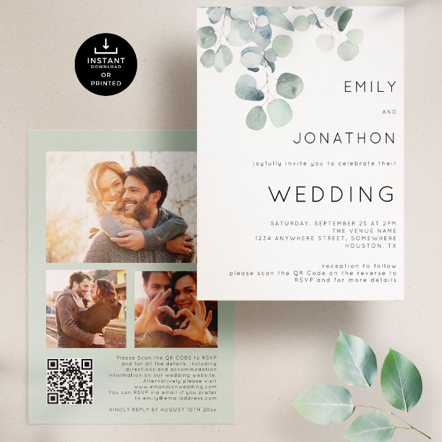 Watercolor Eucalyptus 3 Photos QR Code Wedding Invitation (Front and back view)