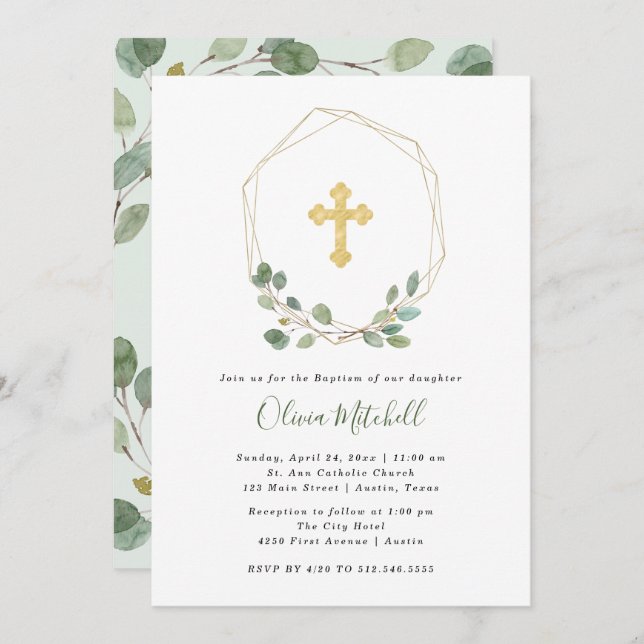 Watercolor Eucalyptus and Gold Cross | Baptism Invitation (Front/Back)