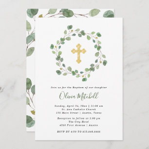 Watercolor Eucalyptus and Gold Cross   Baptism Invitation
