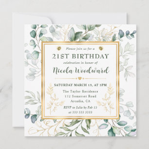 Watercolor Eucalyptus and gold frame Birthday Invitation
